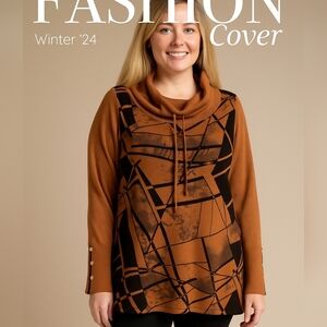 Anna Bella Caramel Brown/Blk Geometric Patterned Tunic Sweater Sz M  EUC